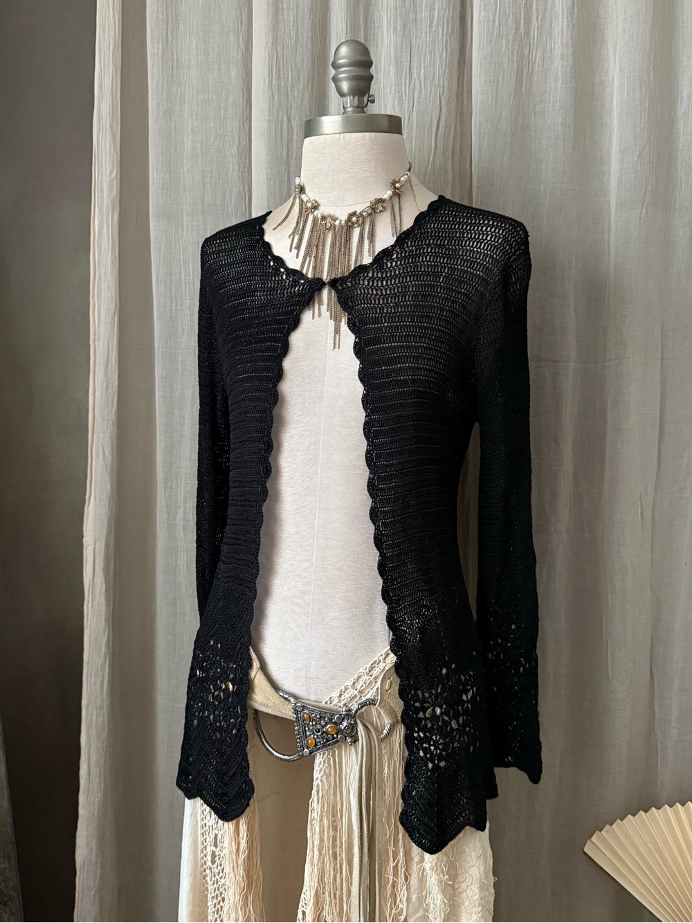 True vintage y2k Black knit sheer see through crochet cardigan sweater 90s